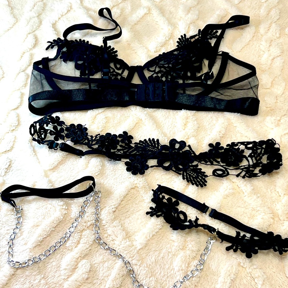 Black Floral Mesh 4 pc Lingerie Set
